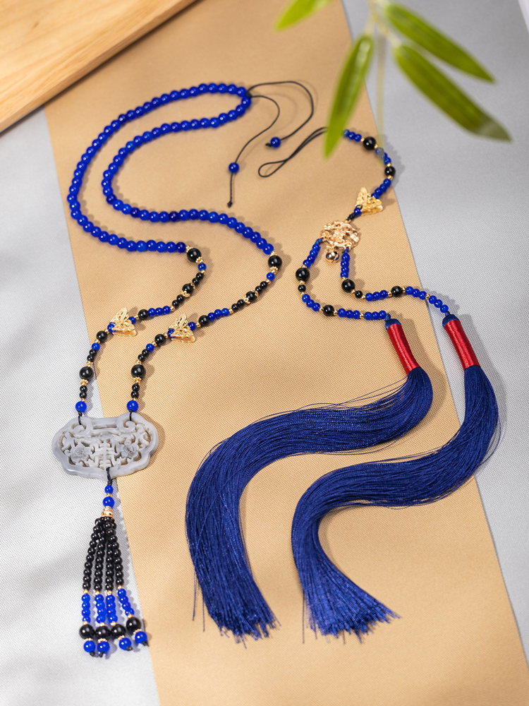 Classic Blue Necklace Ming Dynasty Hanfu Accessory Long Style Yingluo