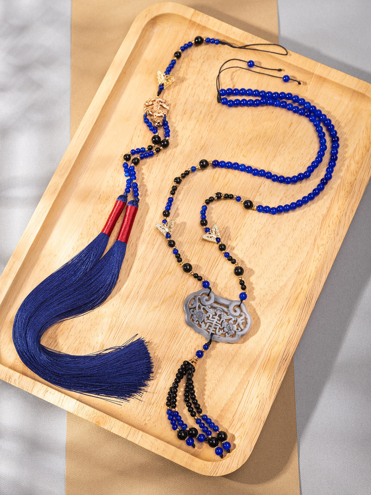 Classic Blue Necklace Ming Dynasty Hanfu Accessory Long Style Yingluo