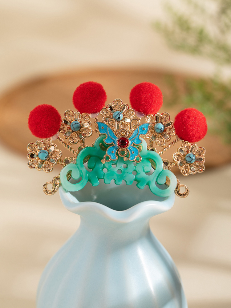 Hanfu Opera-Style Headpiece with Red Fluff Cosplay Accessory 