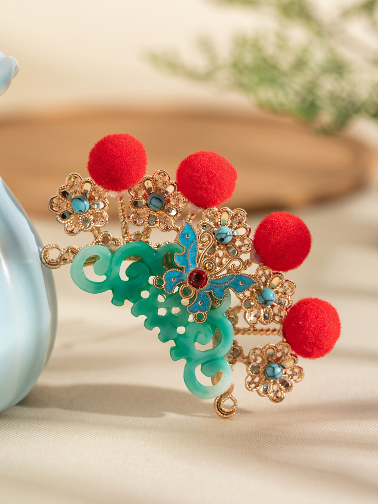 Hanfu Opera-Style Headpiece with Red Fluff Cosplay Accessory 