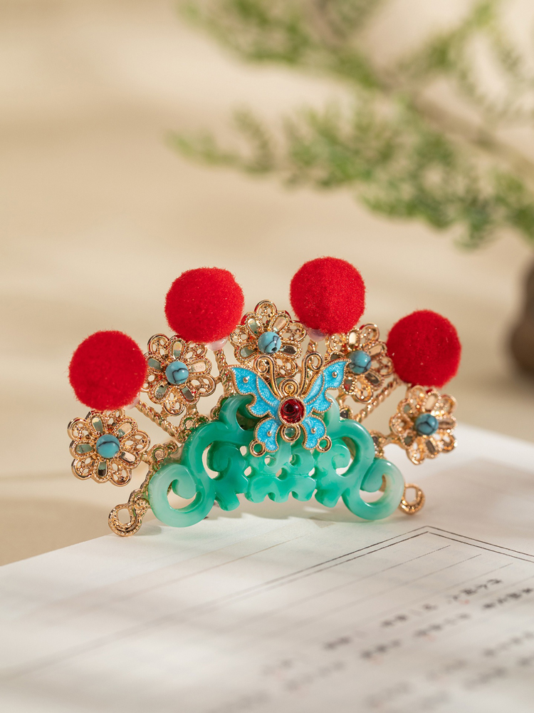 Hanfu Opera-Style Headpiece with Red Fluff Cosplay Accessory 