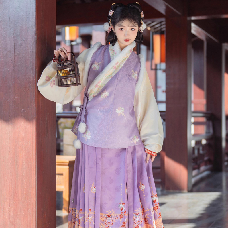Ming-Dynasty-Style-Hanfu-Women-Mamian-Skirt-Bijia-Winter-Thickened-Purple-Set-1 Ming Dynasty Style Hanfu Women Mamian Skirt Bijia Winter Thickened Purple Set