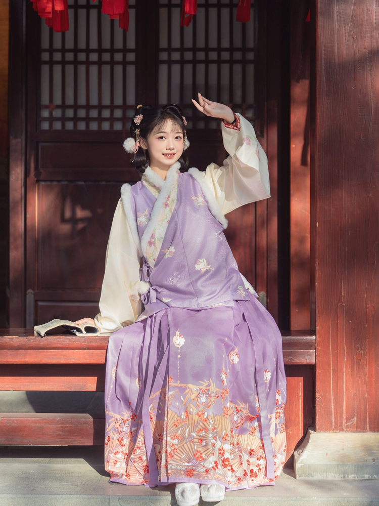 Ming Dynasty Style Hanfu Women Mamian Skirt Bijia Winter Thickened Purple Set