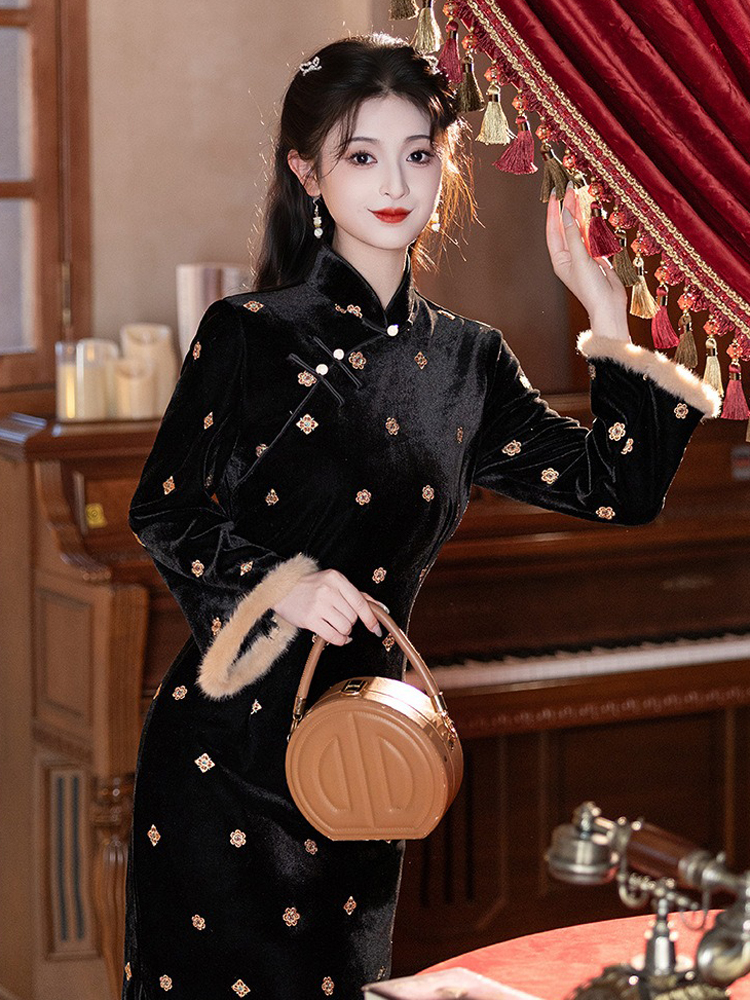 Women Black Winter Cheongsam Thickened Velvet Long-Length Qipao