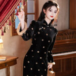 Women Black Winter Cheongsam Thickened Velvet Long-Length Qipao