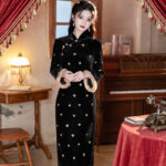 Women Black Winter Cheongsam Thickened Velvet Long-Length Qipao