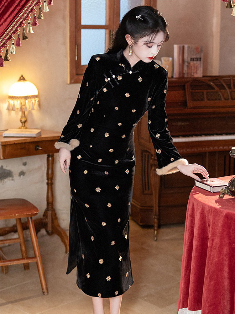Women Black Winter Cheongsam Thickened Velvet Long-Length Qipao
