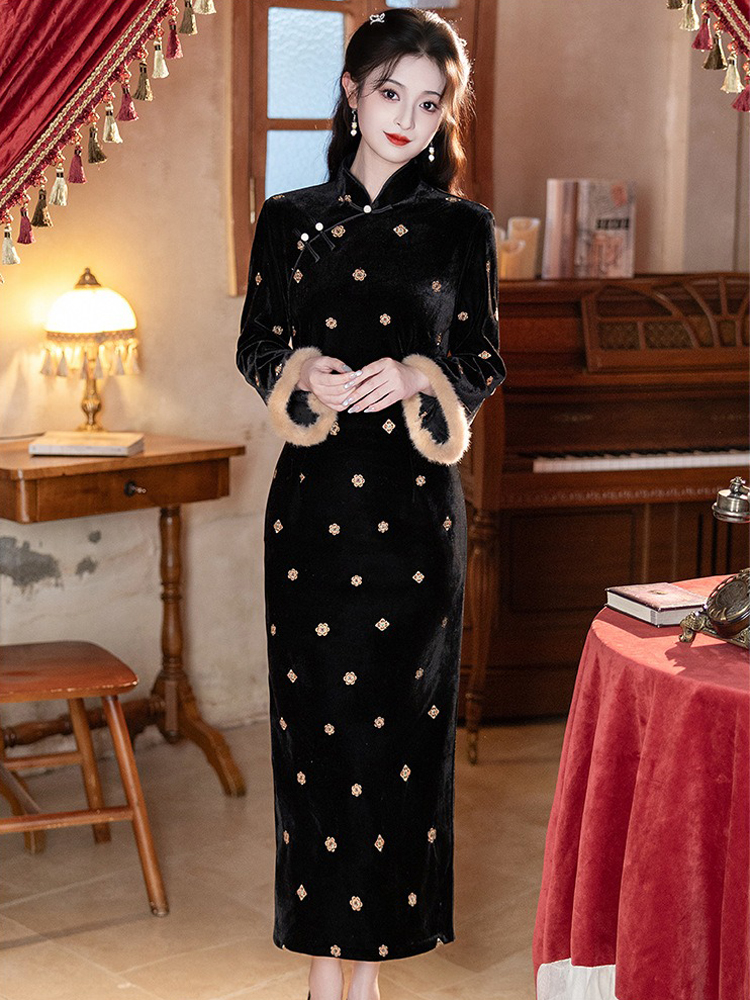 Women Black Winter Cheongsam Thickened Velvet Long-Length Qipao