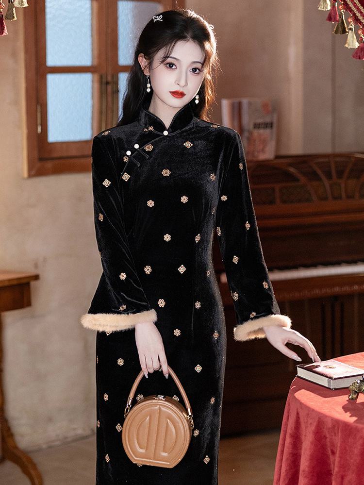 Women Black Winter Cheongsam Thickened Velvet Long-Length Qipao