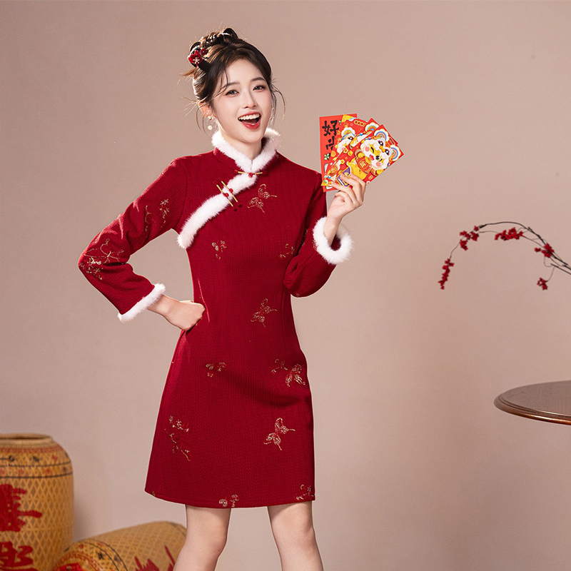 Women-Cheongsam-Winter-Collection-Christmas-New-Arrival-Red-Dress-Thickened-New-Year-Qipao-1 Women Cheongsam Winter Collection Christmas New Arrival Red Dress Thickened New Year Qipao