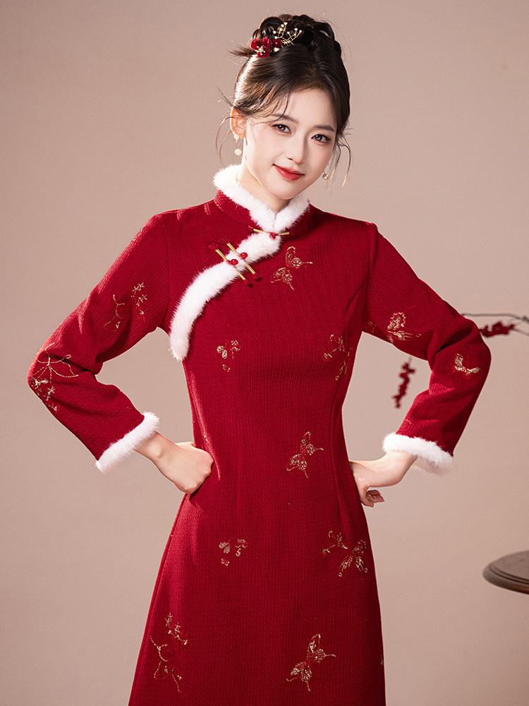 Women Cheongsam Winter Collection Christmas New Arrival Red Dress Thickened New Year Qipao
