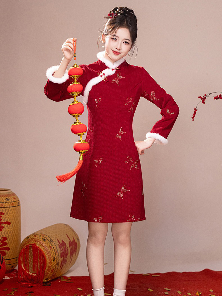 Women Cheongsam Winter Collection Christmas New Arrival Red Dress Thickened New Year Qipao