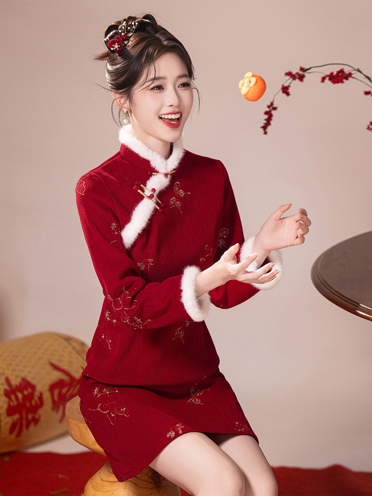 Women Cheongsam Winter Collection Christmas New Arrival Red Dress Thickened New Year Qipao
