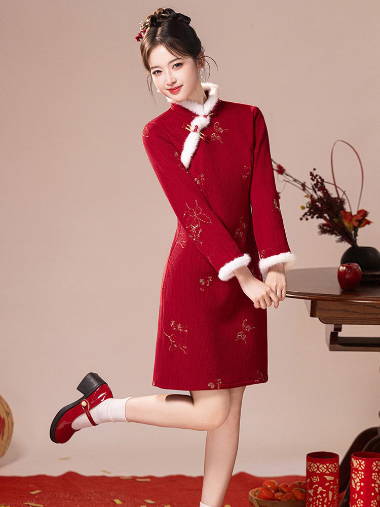 Women Cheongsam Winter Collection Christmas New Arrival Red Dress Thickened New Year Qipao