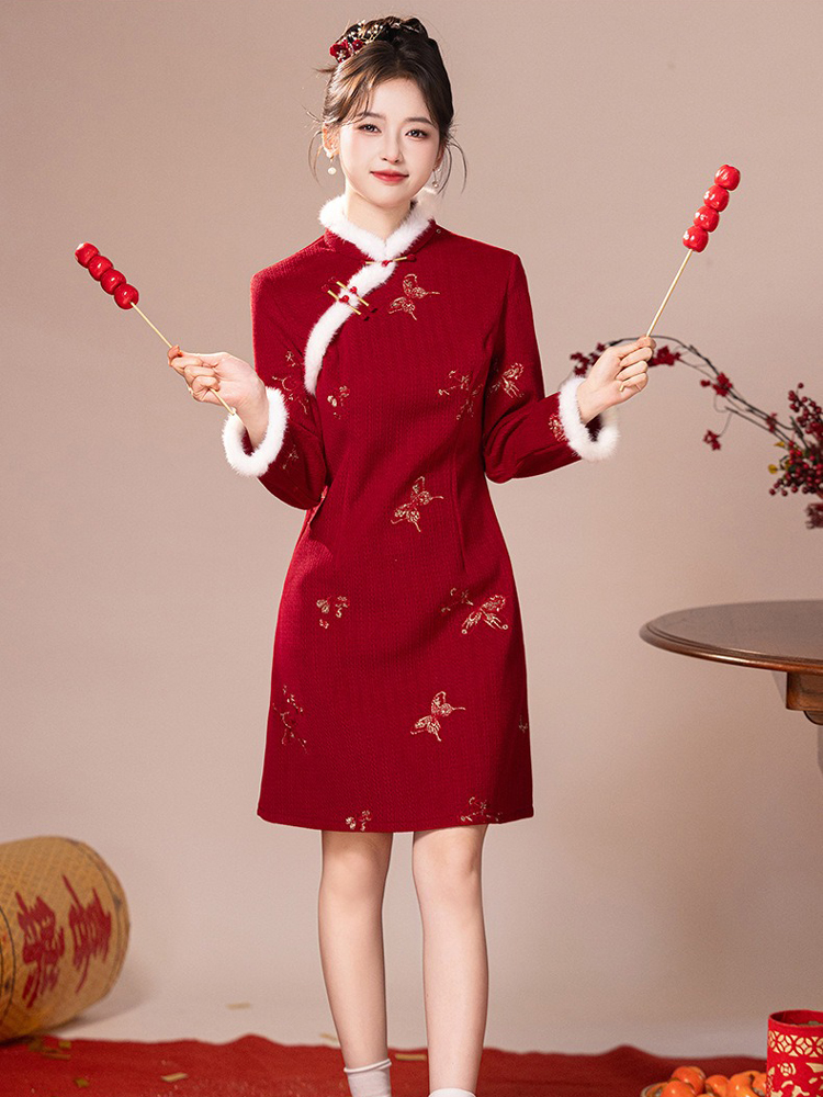 Women Cheongsam Winter Collection Christmas New Arrival Red Dress Thickened New Year Qipao
