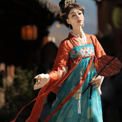 Women Tang Dynasty Hanfu Qixiong Set Spring Daily Wear Blue Skirt Ensemble