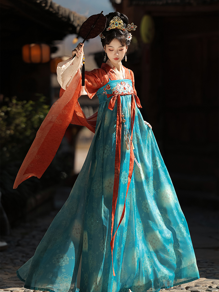 Women Tang Dynasty Hanfu Qixiong Set Spring Daily Wear Blue Skirt Ensemble