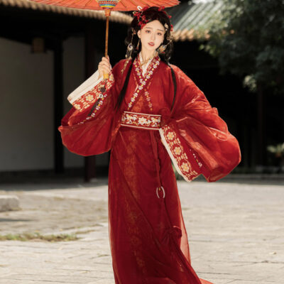 Women Warring States Period Hanfu Zhiju Long Red Dress Martial Arts Style