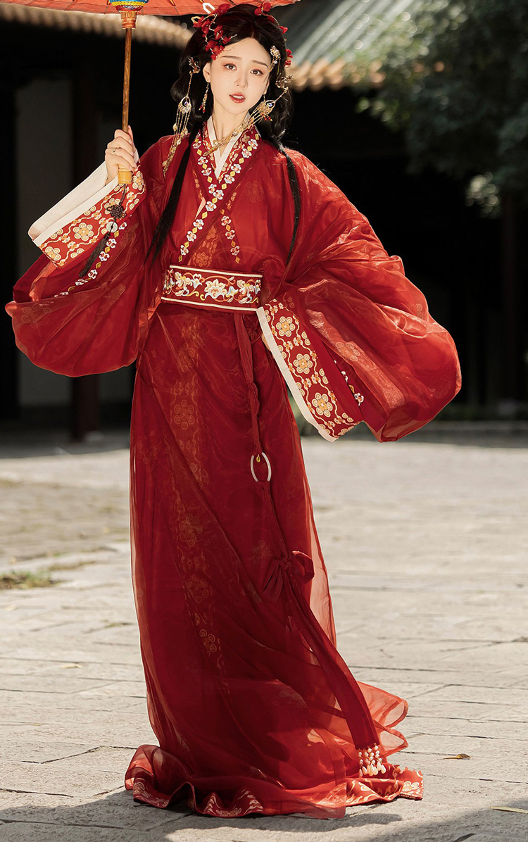 Women Warring States Period Hanfu Zhiju Long Red Dress Martial Arts Style