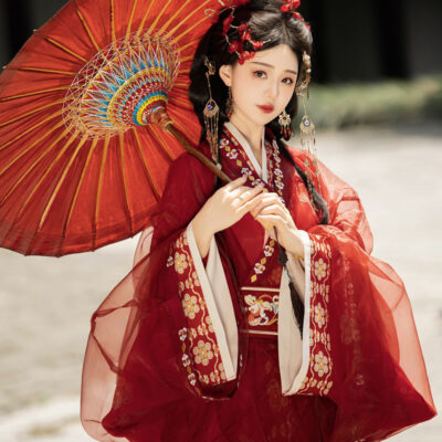 Women Warring States Period Hanfu Zhiju Long Red Dress Martial Arts Style