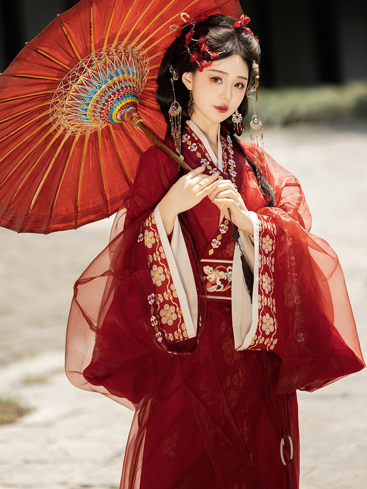 Women Warring States Period Hanfu Zhiju Long Red Dress Martial Arts Style