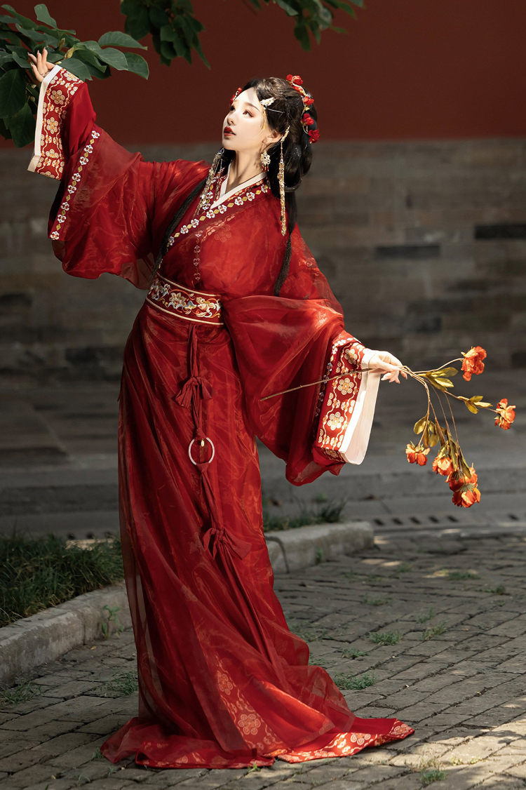 Women Warring States Period Hanfu Zhiju Long Red Dress Martial Arts Style