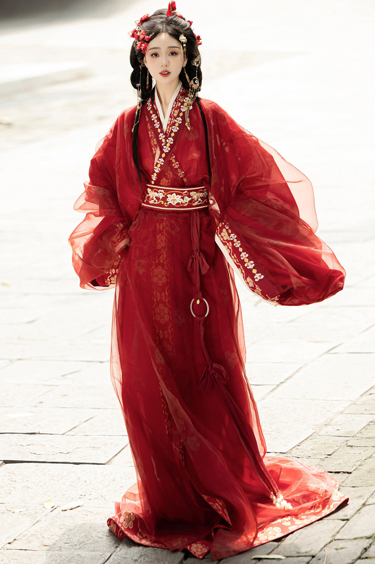 Women Warring States Period Hanfu Zhiju Long Red Dress Martial Arts Style