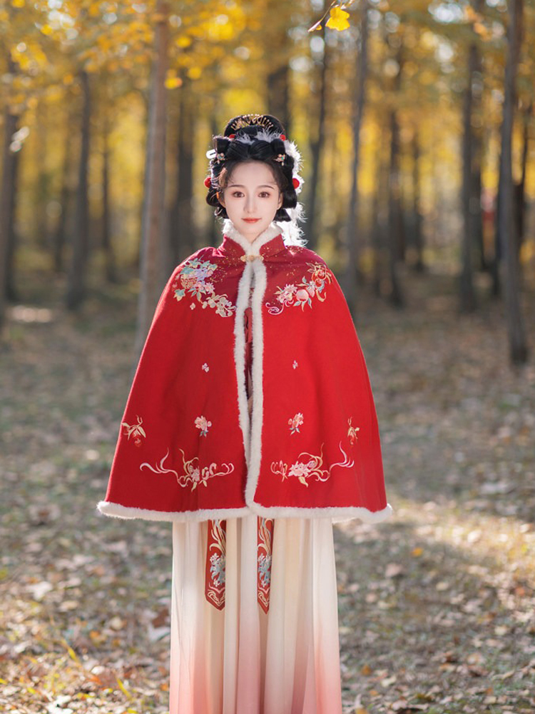 Women Winter Hanfu Short Cape Classic Red Coat