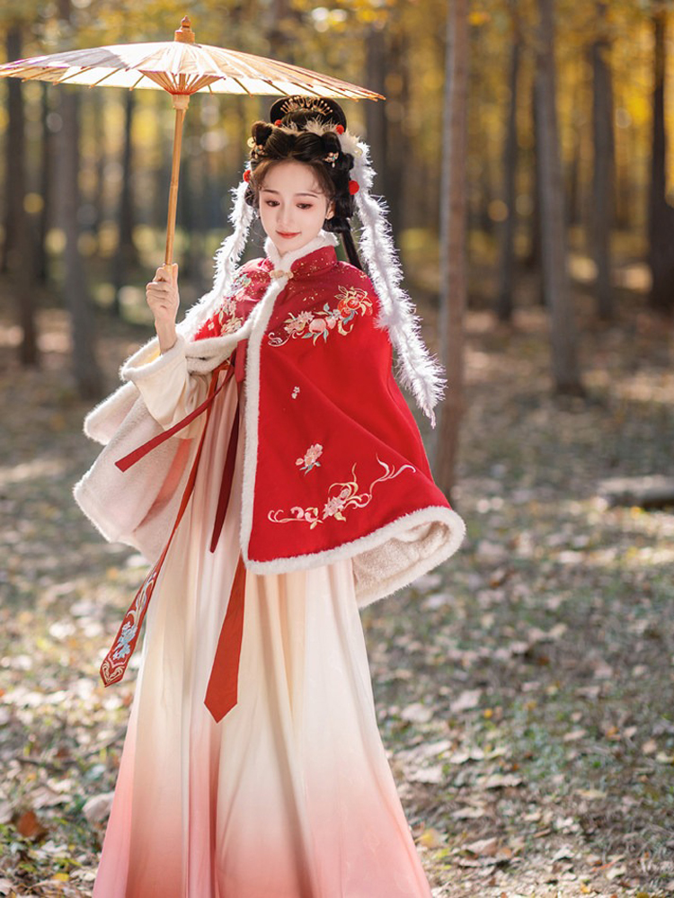 Women Winter Hanfu Short Cape Classic Red Coat