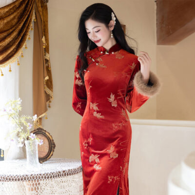 Women Winter Red Cheongsam New Year Style Elegant Long-Sleeved Koi Qipao