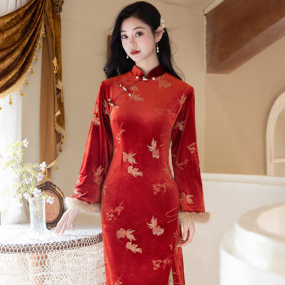Women Winter Red Cheongsam New Year Style Elegant Long-Sleeved Koi Qipao