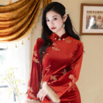 Women Winter Red Cheongsam New Year Style Elegant Long-Sleeved Koi Qipao