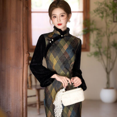 Women's Winter Casual Long Dress Vintage Long-Sleeved Cheongsam Geometric Pattern