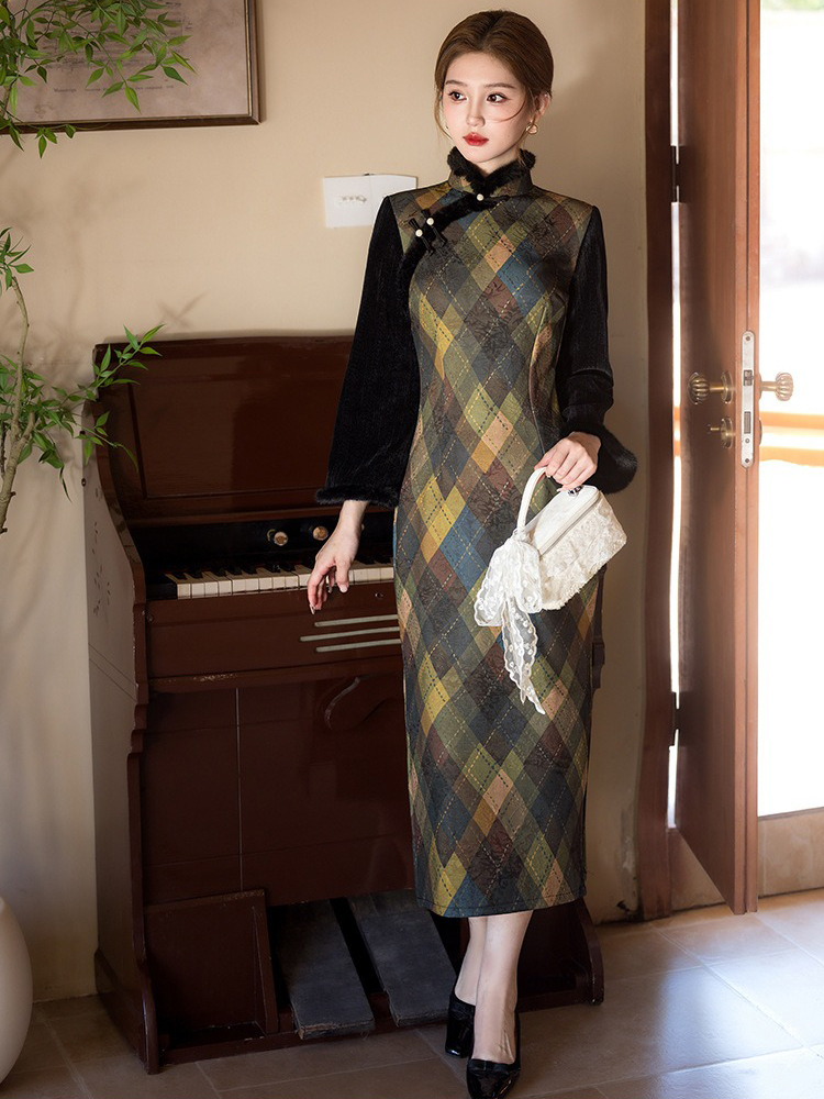 Women's Winter Casual Long Dress Vintage Long-Sleeved Cheongsam Geometric Pattern