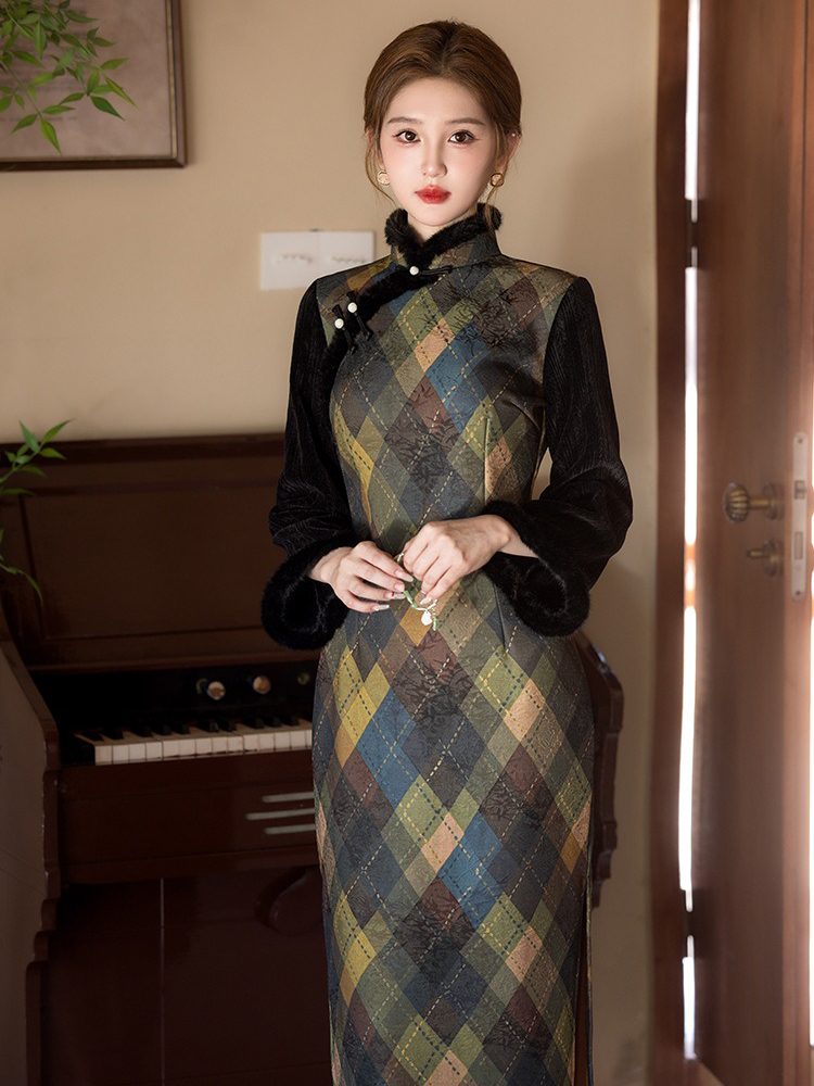 Women's Winter Casual Long Dress Vintage Long-Sleeved Cheongsam Geometric Pattern