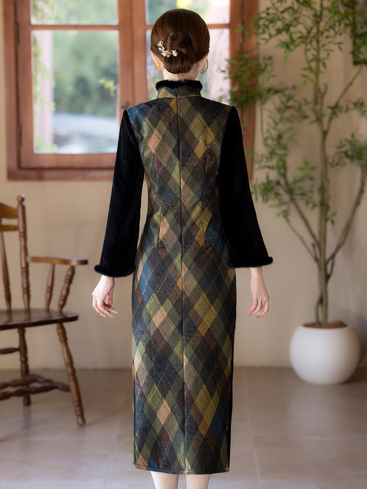 Women's Winter Casual Long Dress Vintage Long-Sleeved Cheongsam Geometric Pattern