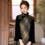 Women's Winter Casual Long Dress Vintage Long-Sleeved Cheongsam Geometric Pattern