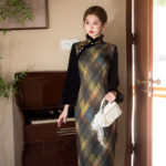 Women's Winter Casual Long Dress Vintage Long-Sleeved Cheongsam Geometric Pattern