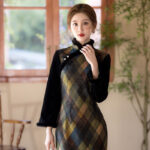 Women's Winter Casual Long Dress Vintage Long-Sleeved Cheongsam Geometric Pattern