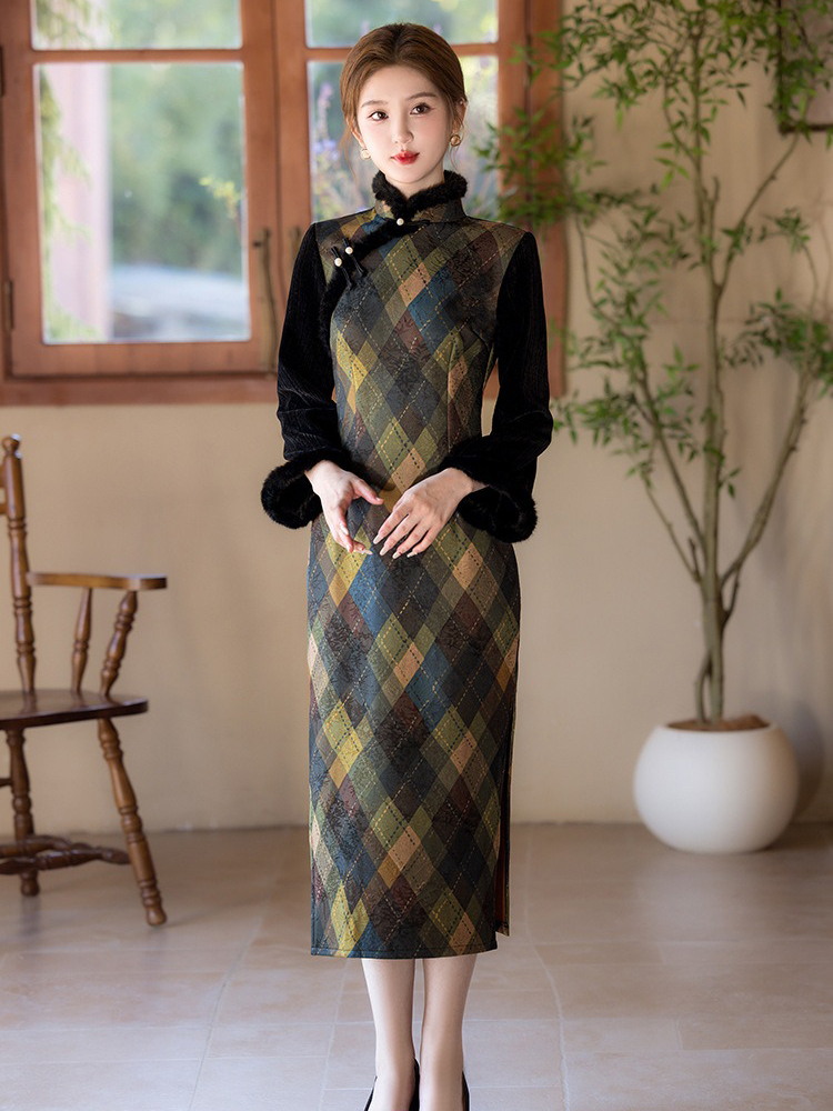 Women's Winter Casual Long Dress Vintage Long-Sleeved Cheongsam Geometric Pattern
