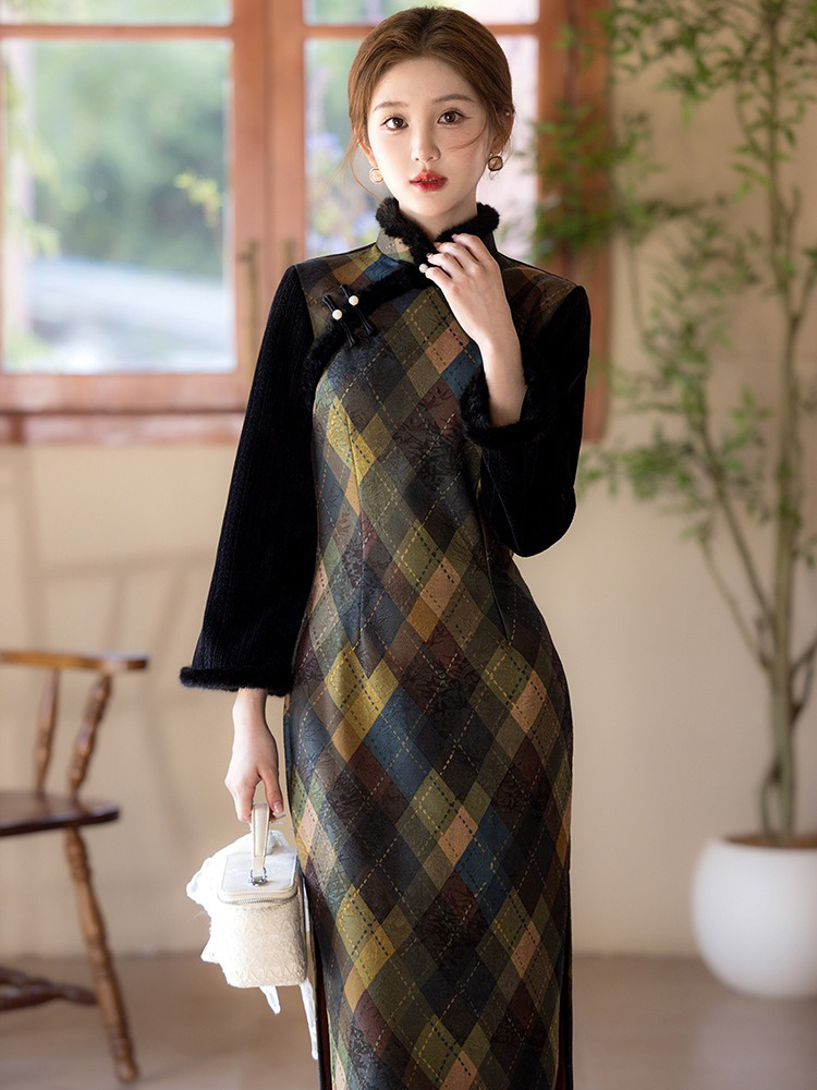 Women's Winter Casual Long Dress Vintage Long-Sleeved Cheongsam Geometric Pattern
