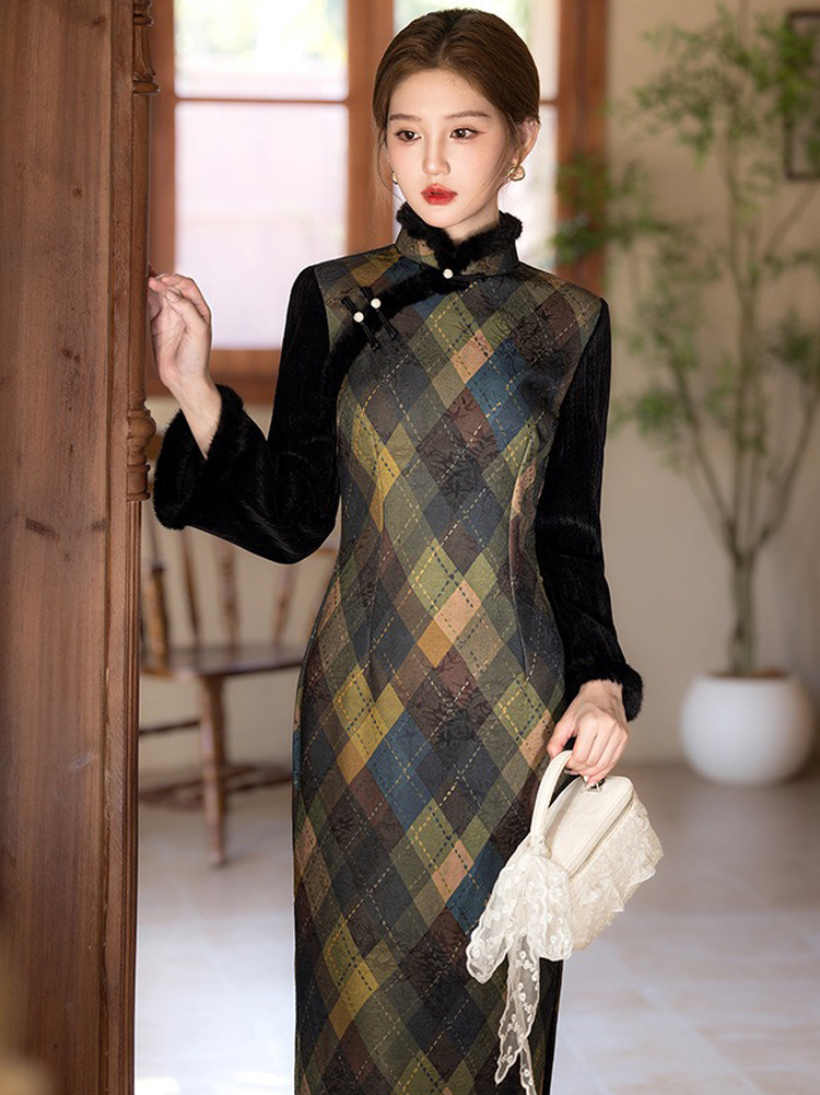 Women's Winter Casual Long Dress Vintage Long-Sleeved Cheongsam Geometric Pattern
