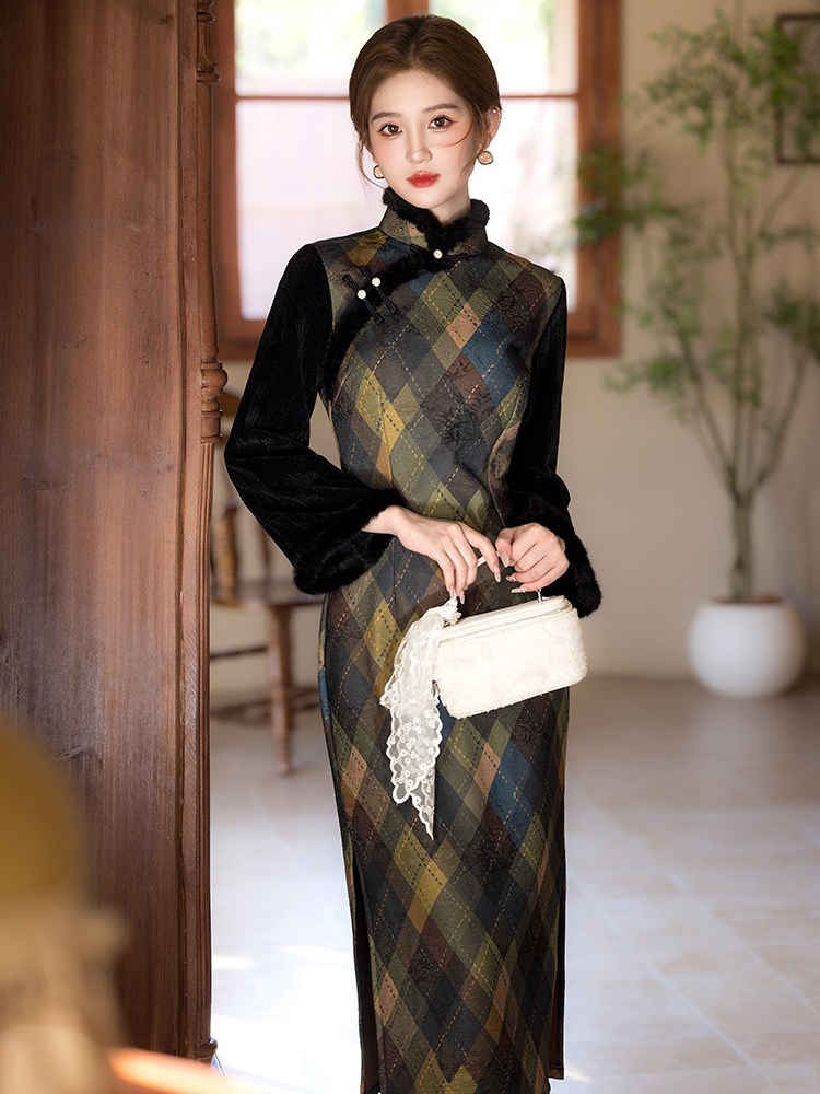 Women's Winter Casual Long Dress Vintage Long-Sleeved Cheongsam Geometric Pattern