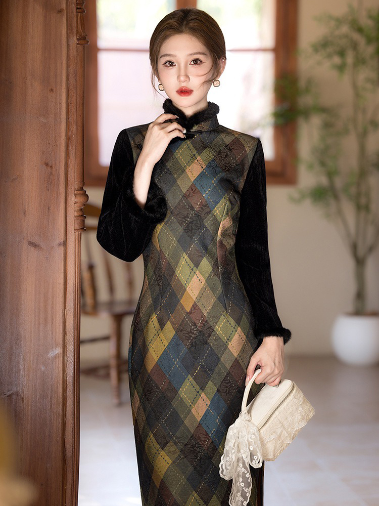Women's Winter Casual Long Dress Vintage Long-Sleeved Cheongsam Geometric Pattern