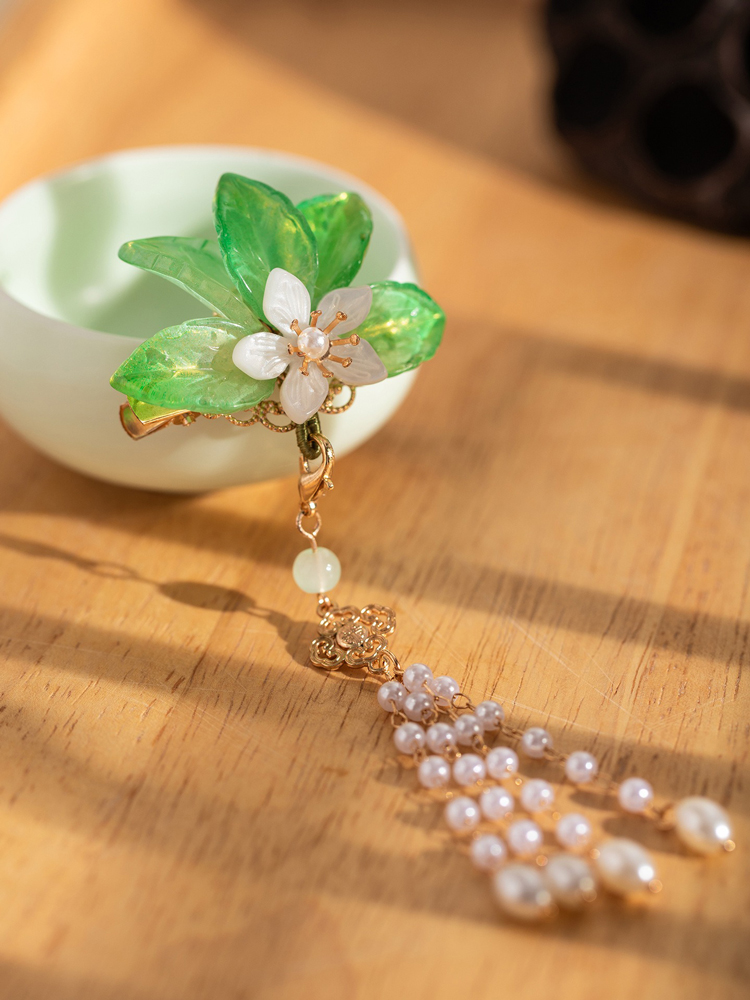 Classic Hairpin with Buyao Tassel and Green Leaf Design Children's Hanfu Hair Accessory