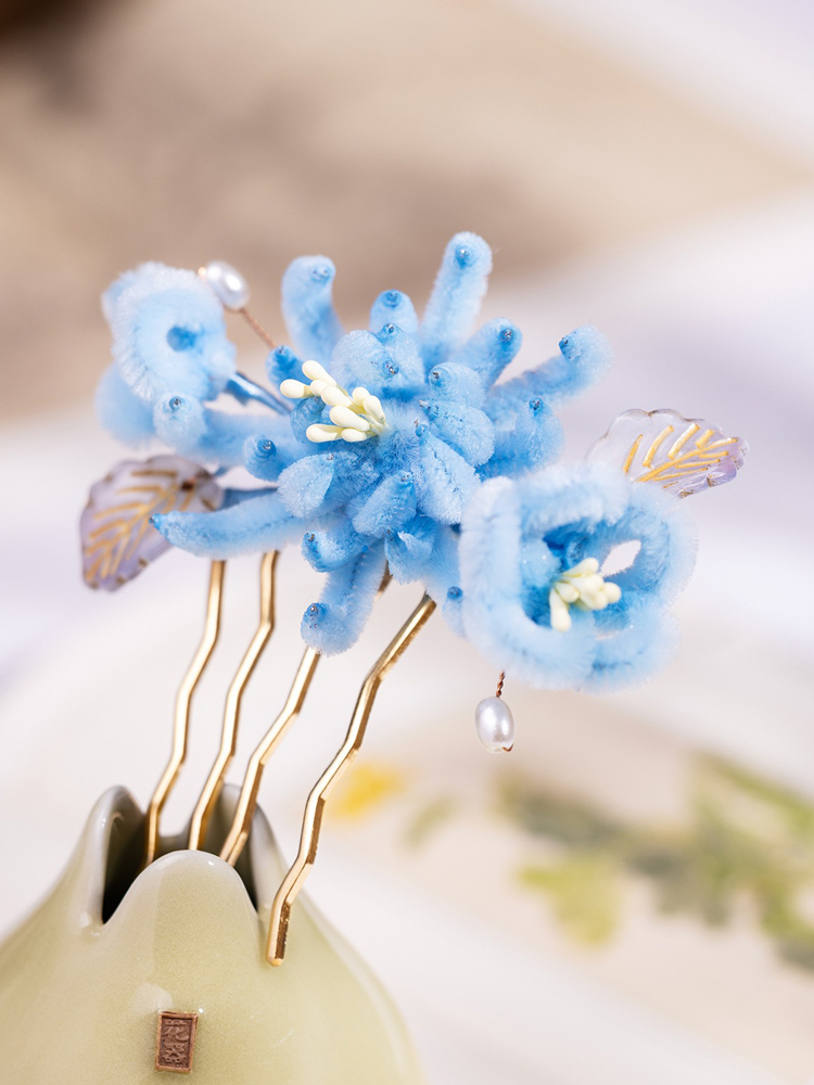 Hanfu Hair Comb Accessories Blue Ronghua Cheongsam Hairpiece