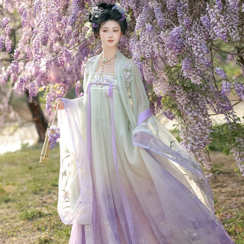 Spring-Hanfu-Women's-Long-Tang-Dynasty-Style-Wide-Sleeved-Outer-Garment-with-Qixiong-Skirt-1 Spring Hanfu Women's Long Tang Dynasty Style Wide-Sleeved Outer Garment with Qixiong Skirt