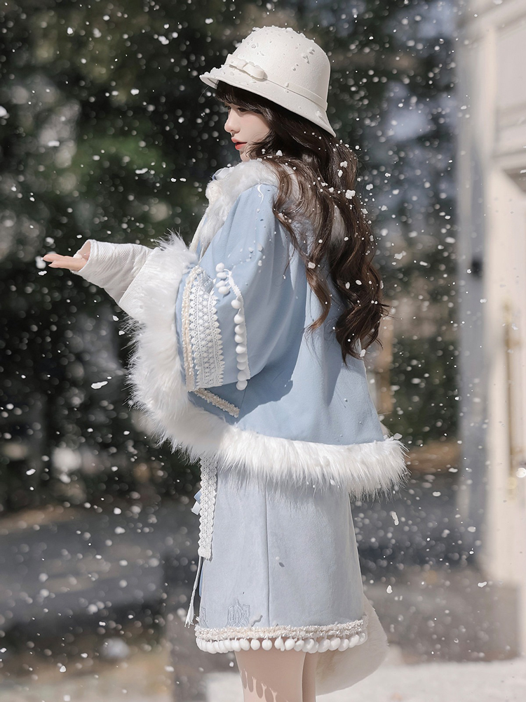 Women Winter Hanfu Blue Fashionable Fluffy Skirt Set