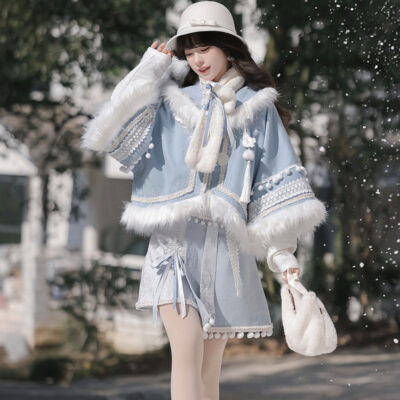 Women Winter Hanfu Blue Fashionable Fluffy Skirt Set