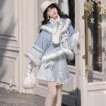 Women Winter Hanfu Blue Fashionable Fluffy Skirt Set